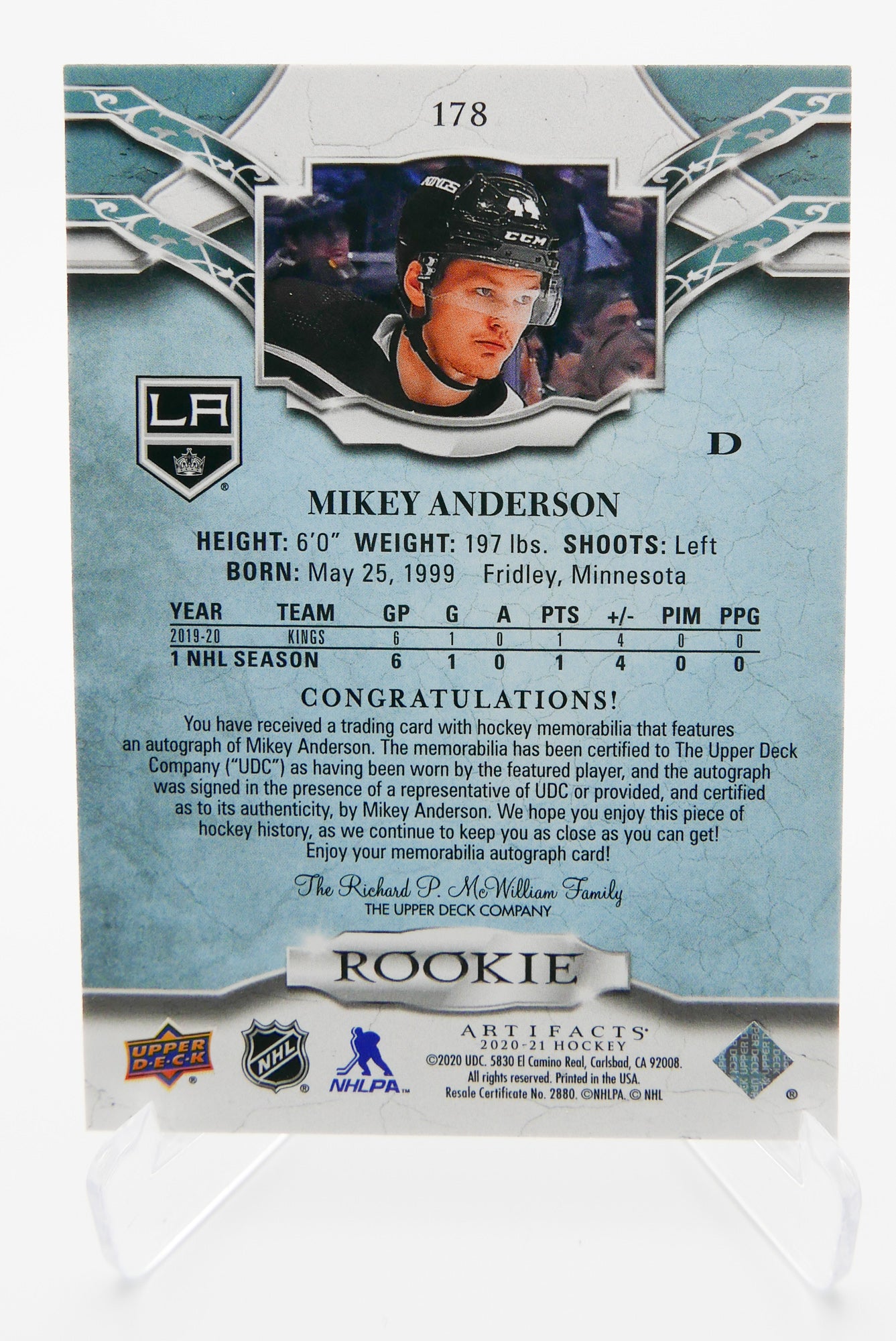 2020-21 Upper Deck Artifacts Rookie Mikey Anderson Auto Dual Jersey /149 - Kings