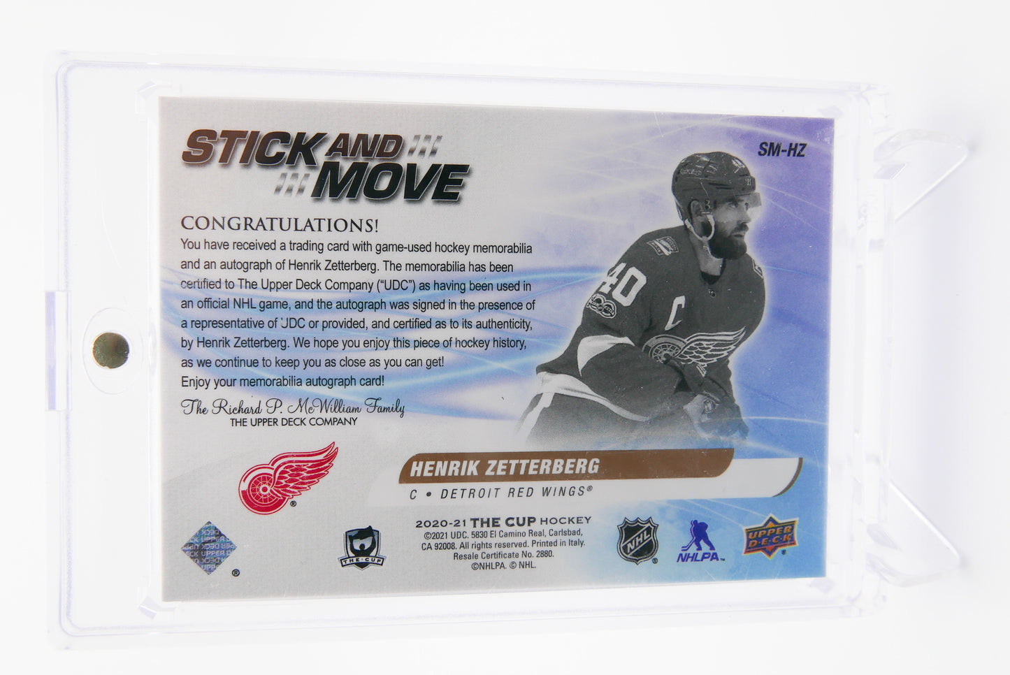 2020-21 The Cup Henrik Zetterberg Stick and Move Auto Patch 4/10 - Red Wings