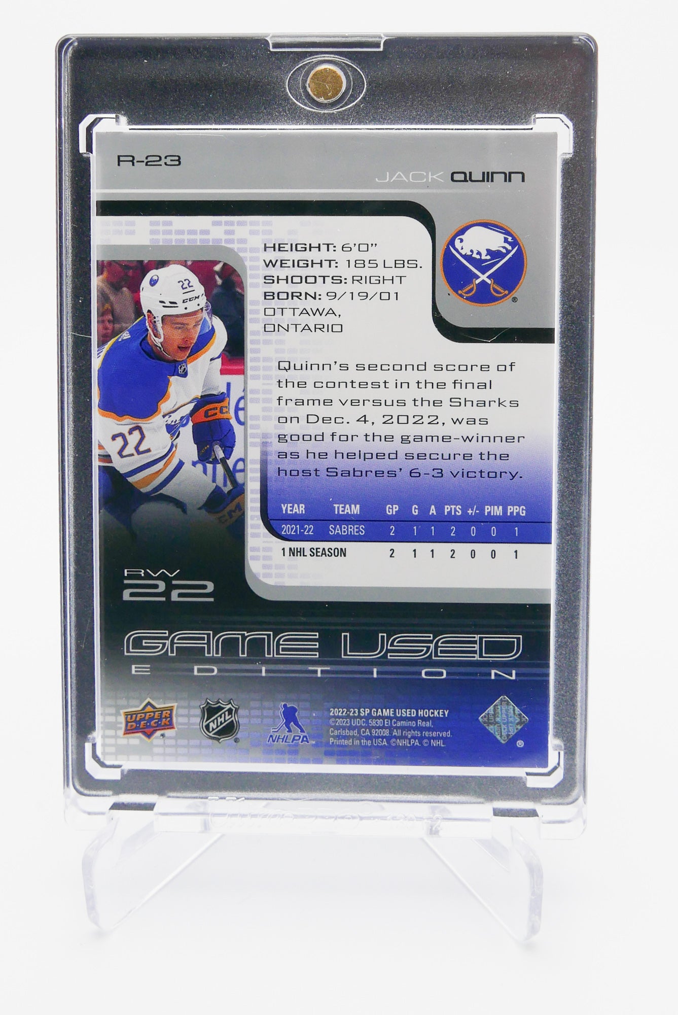 2022-23 SP Game Used Edition Jack Quinn Rookie Card #R-23 - Buffalo Sabres