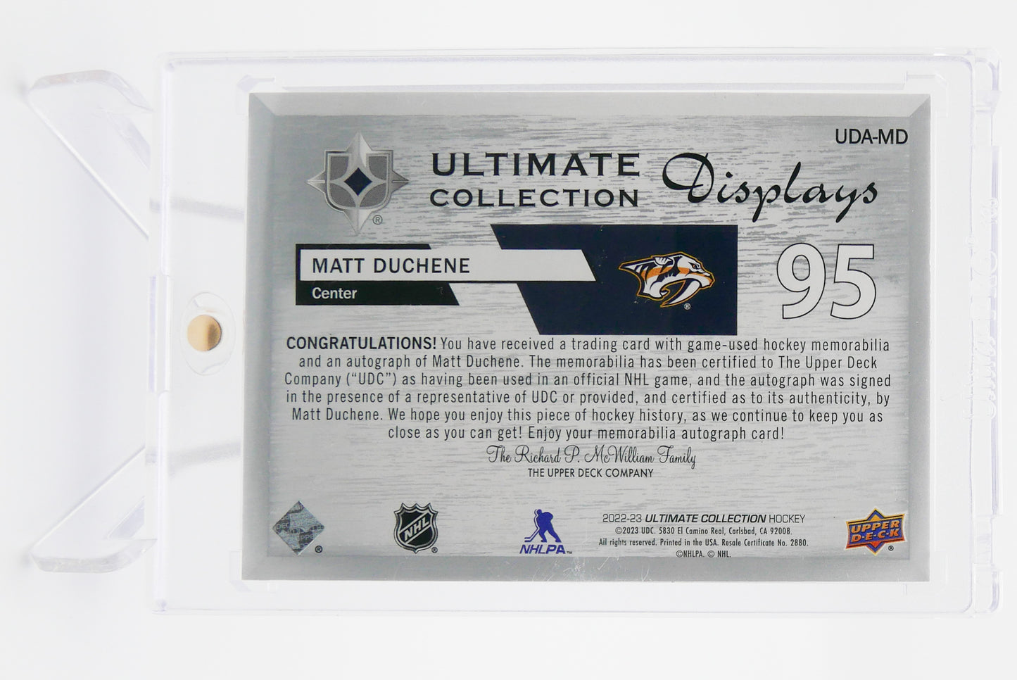 2022-23 Ultimate Collection Displays MATT DUCHENE Auto Jersey 010/135 Predators