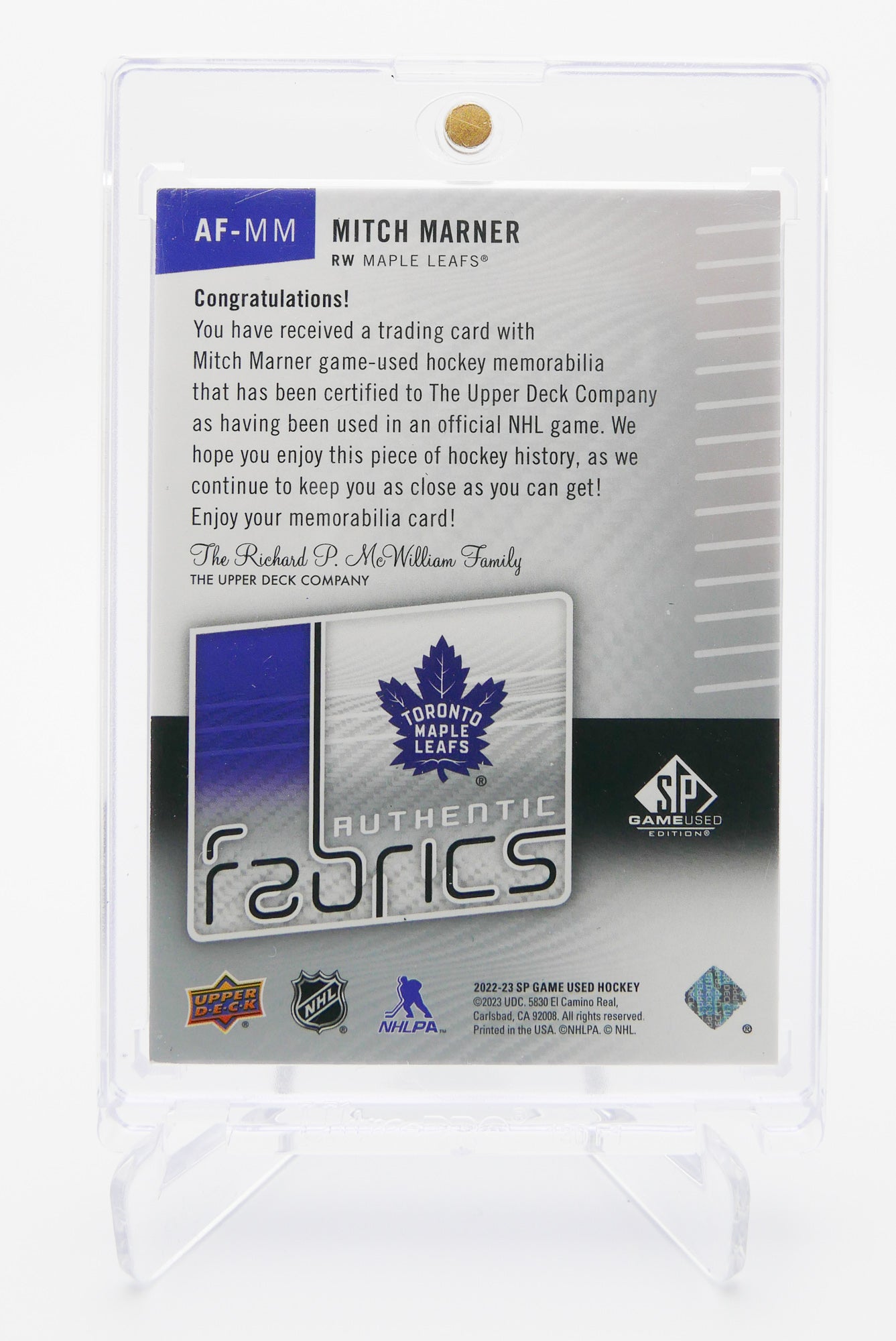 2022-23 SP Game Used Mitch Marner Authentic Fabrics – Maple Leafs (Blue Jersey Piece)