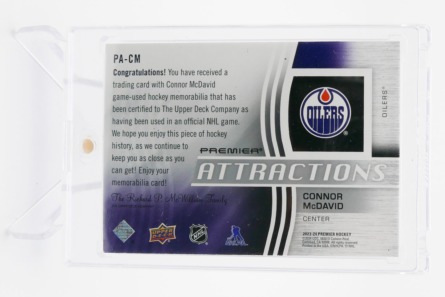 2023-24 Premier Attractions Connor McDavid Jersey Card #41/49
