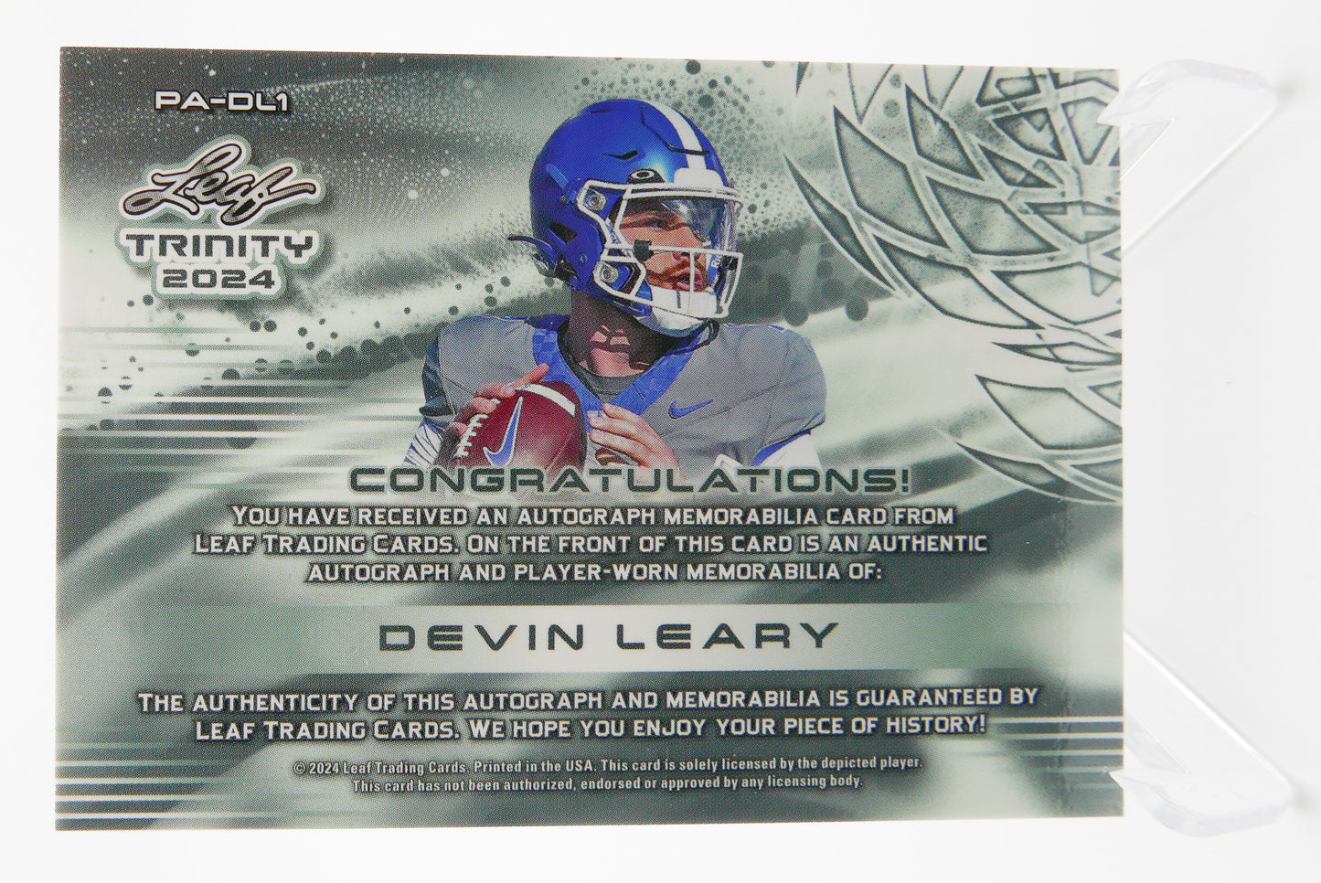 2024 Leaf Trinity Devin Leary Auto Patch RC Red 13/15 RPA Rookie Autograph