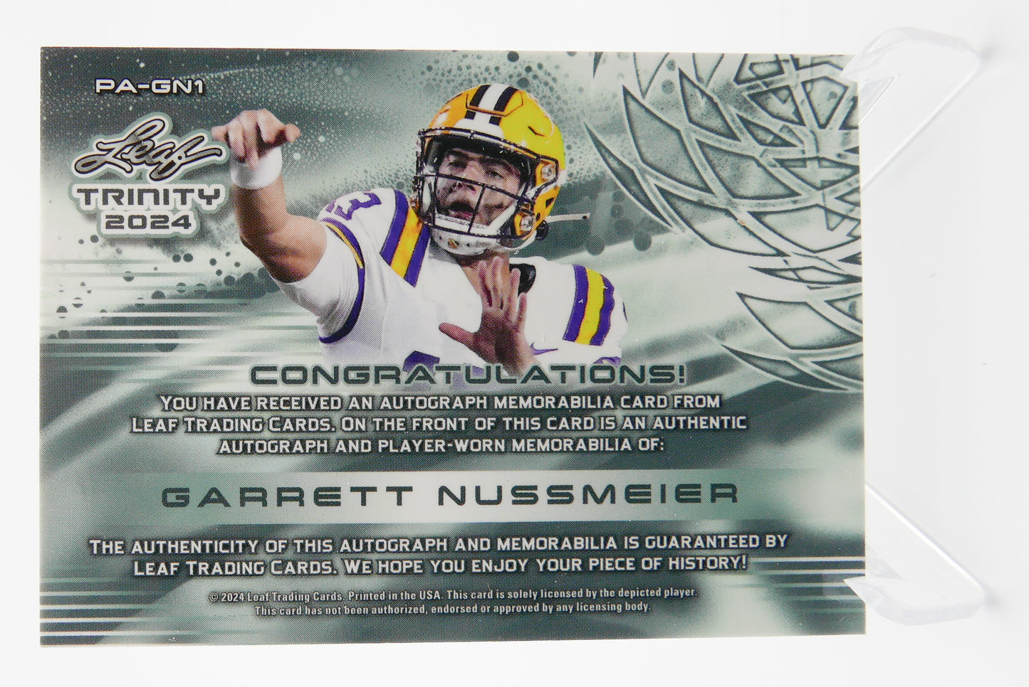 2024 Leaf Trinity Garrett Nussmeier Auto Patch RC /99 LSU Tigers