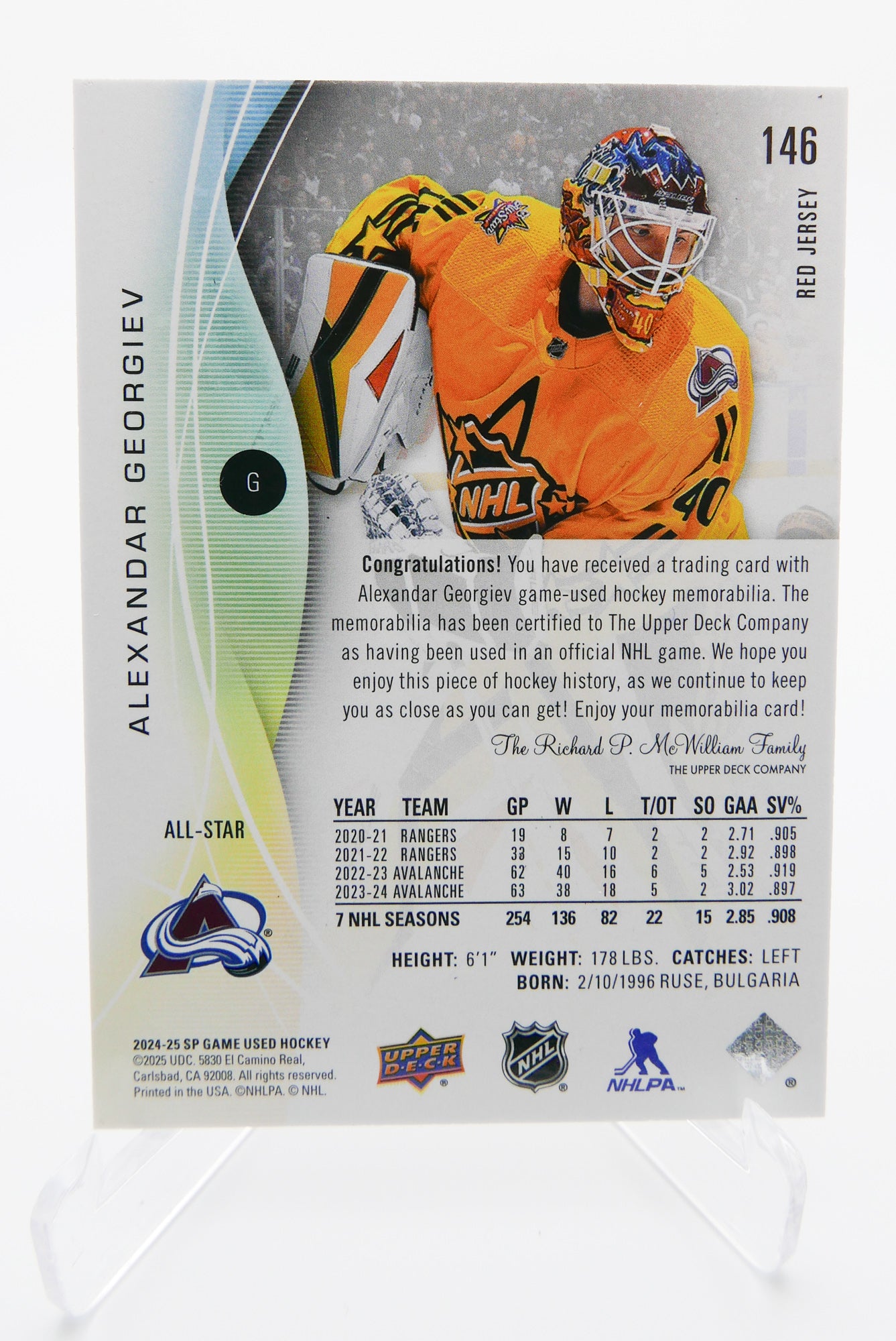 2024-25 SP Game Used Alexandar Georgiev All-Star Jersey – Avalanche #146