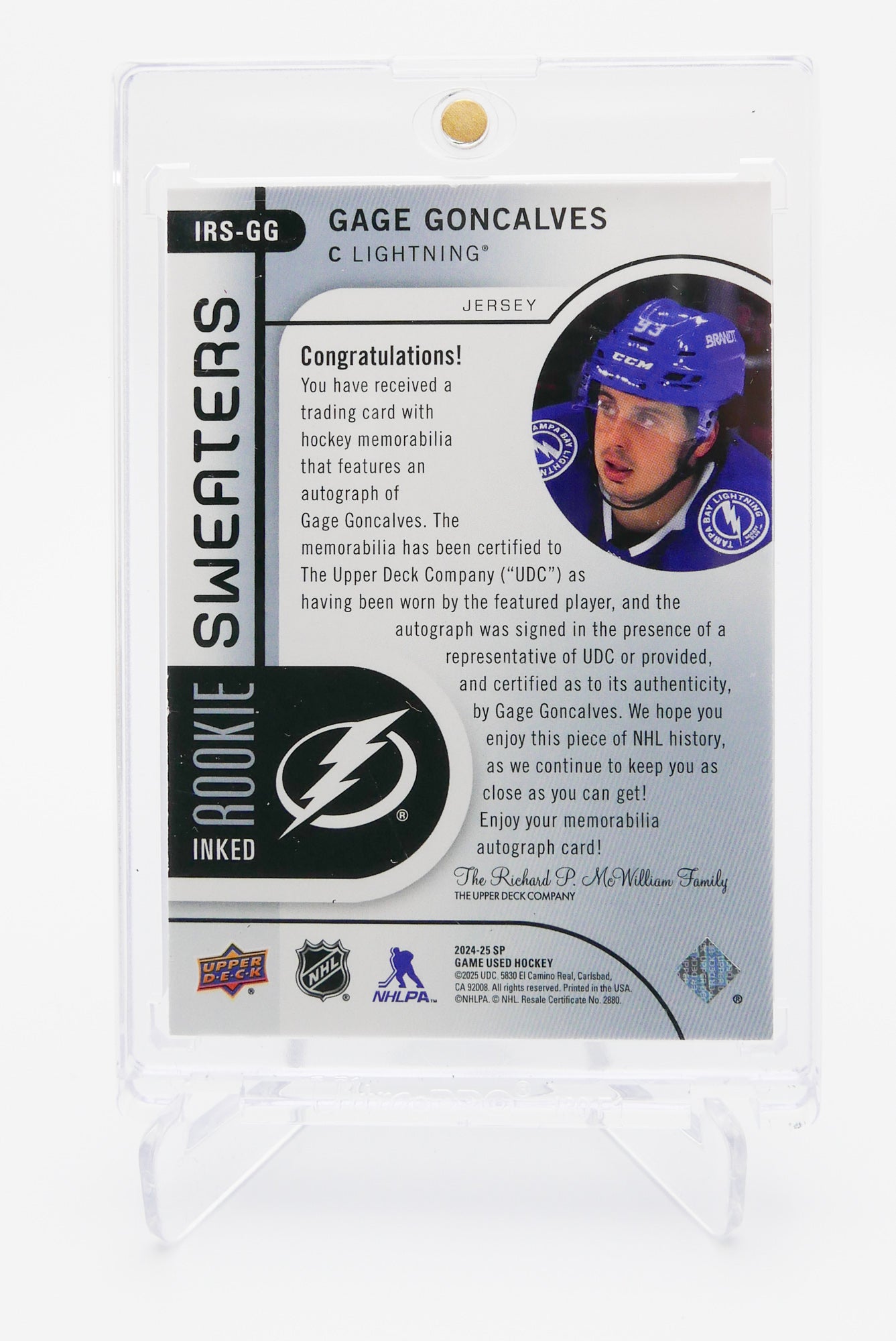 2024-25 SP Game Used Gage Goncalves Auto Jersey – Inked Rookie Sweaters – Lightning #IRS-GG