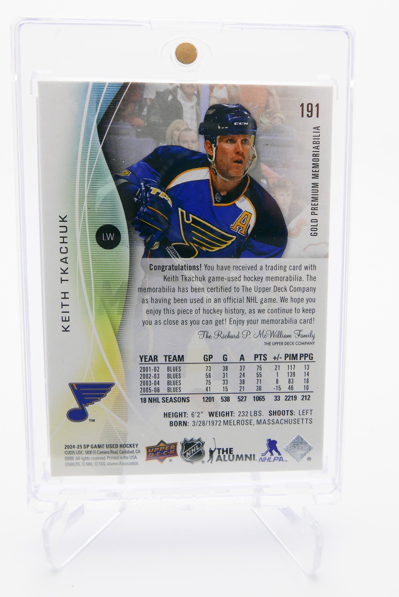 2024-25 SP Game Used Keith Tkachuk Gold Premium Patch /25 – Blues – Game-Used #09/25