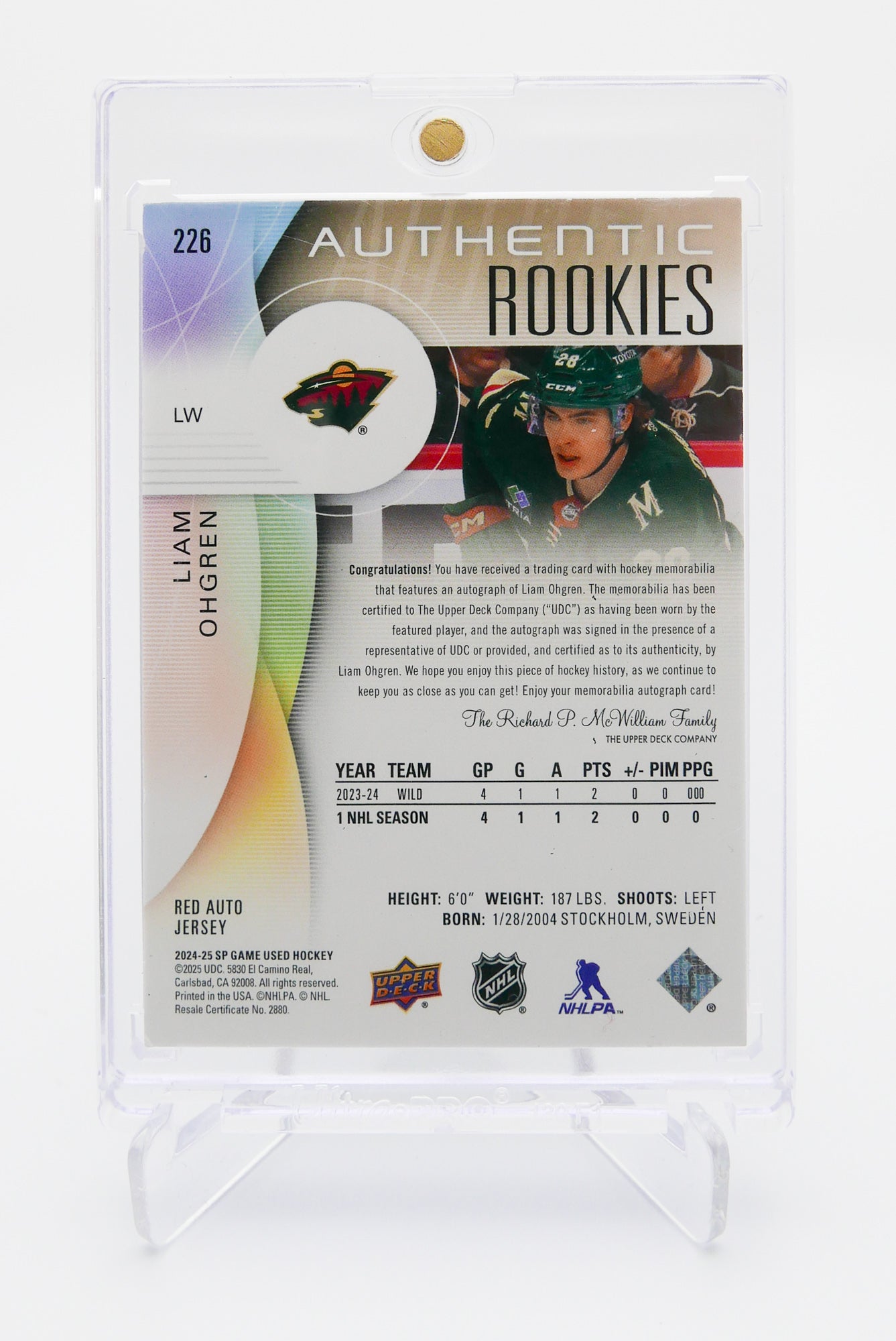 2024-25 SP Game Used Liam Ohgren Red Auto Jersey RC /49 – Authentic Rookies #04/49 – Wild