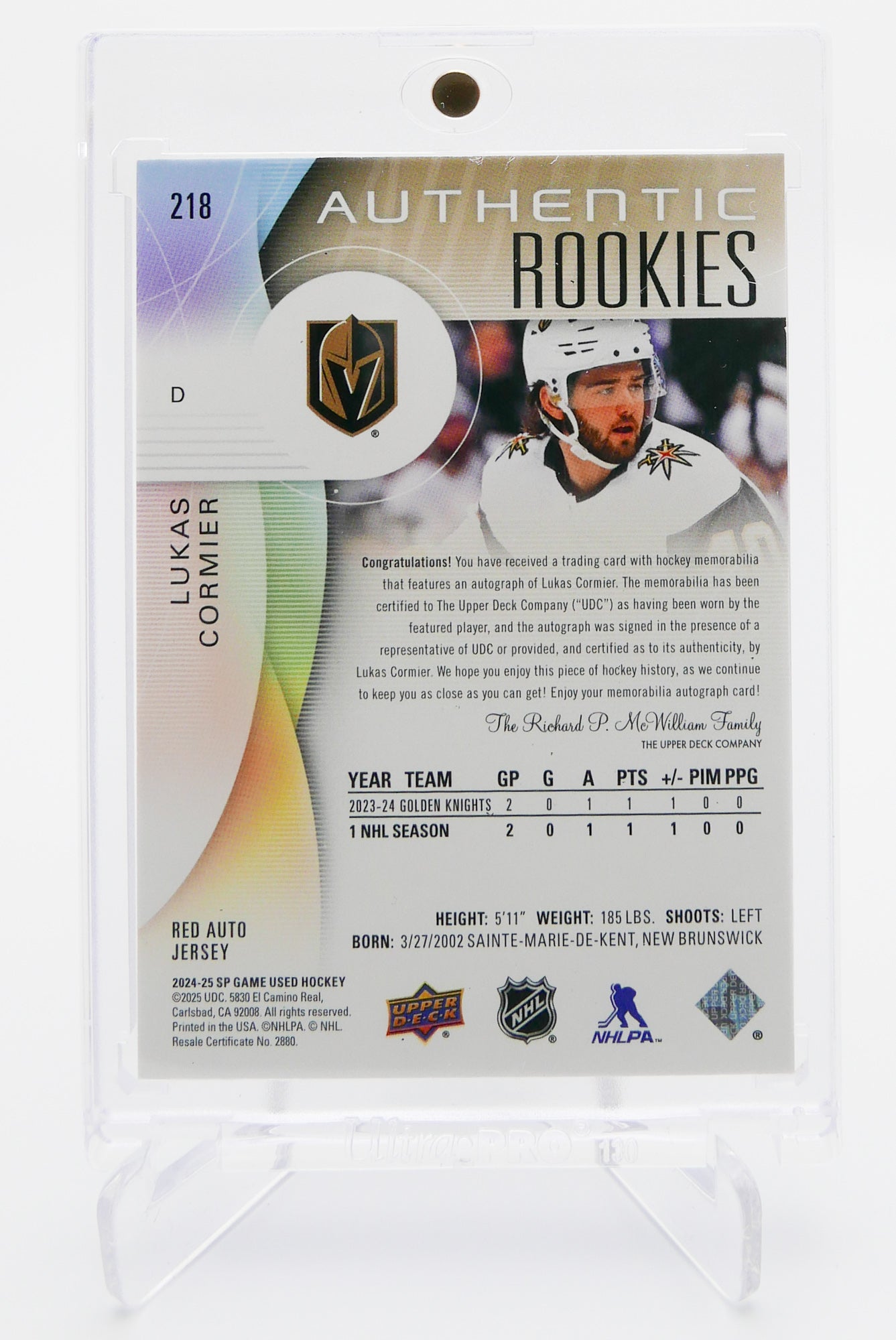 2024-25 SP Game Used Lukas Cormier Auto Jersey RC /99 – Authentic Rookies #23/99 – Golden Knights