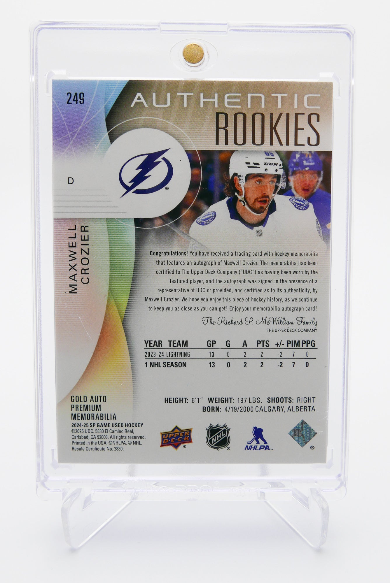 2024-25 SP Game Used Maxwell Crozier Gold Auto Jersey RC #249 – Authentic Rookies – Lightning