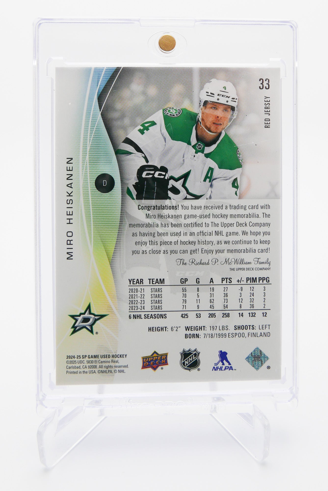 2024-25 SP Game Used Miro Heiskanen Red Jersey Relic – Dallas Stars – Game-Used Memorabilia