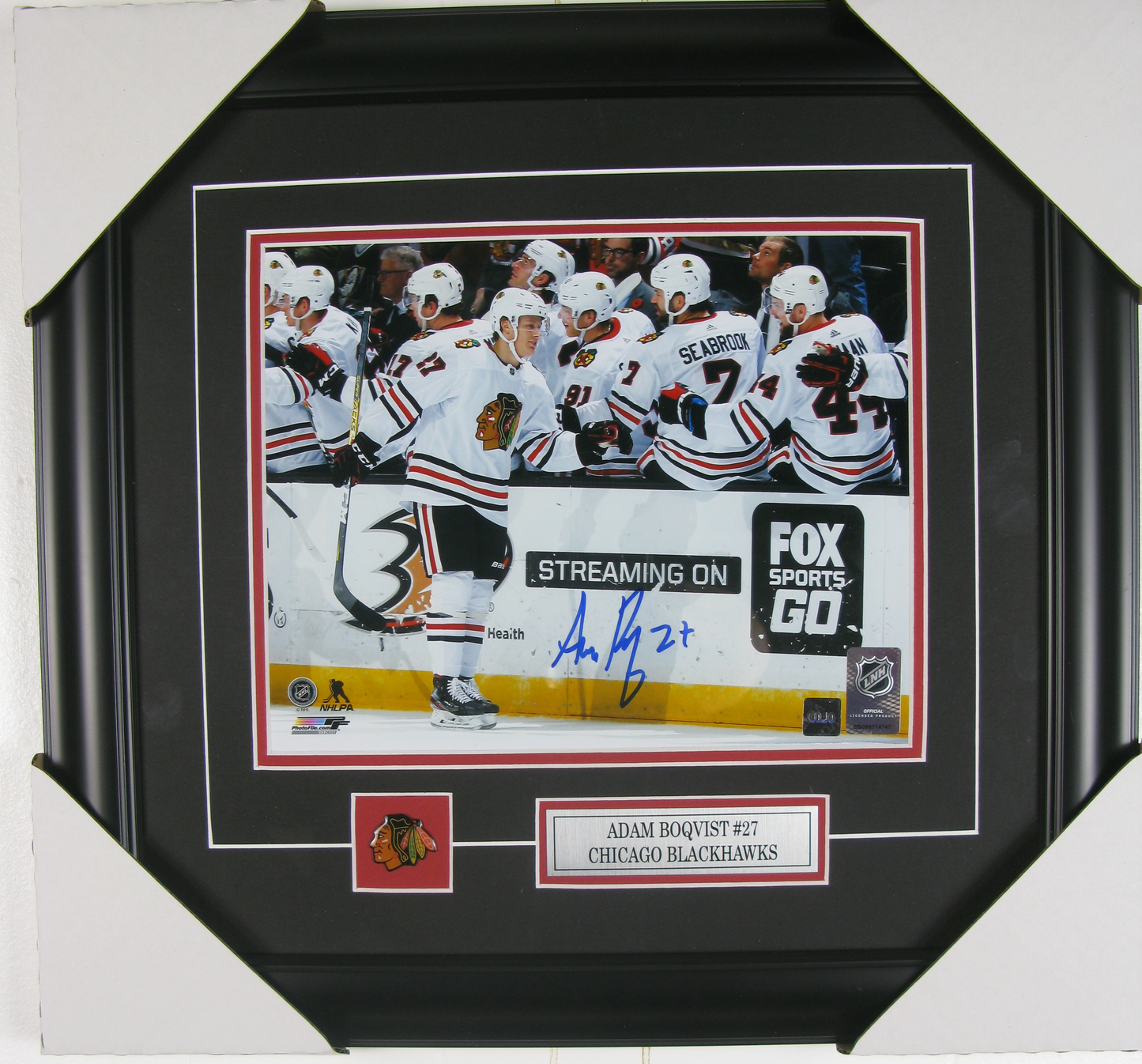 Adam Boqvist Signed 8x10 Framed Photo – Chicago Blackhawks #27 (Rookie-Era Bench Celebration)