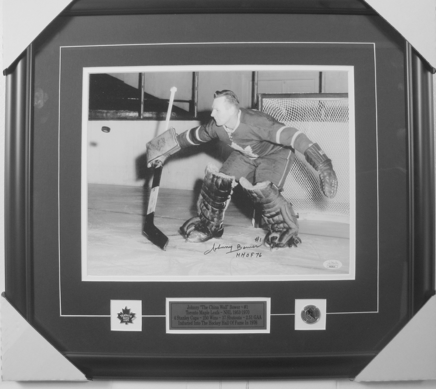 Johnny Bower Autographed Framed Photo – Toronto Maple Leafs “The China Wall” Vintage Goalie Display