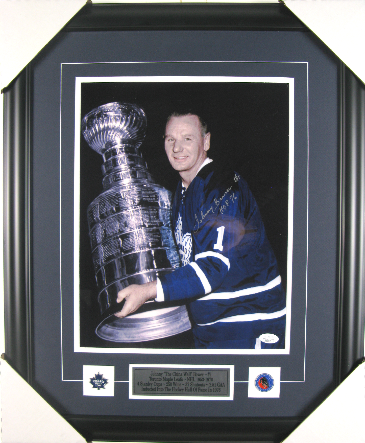 Johnny Bower Signed Framed Photo – “The China Wall” – Toronto Maple Leafs – HOF 1976