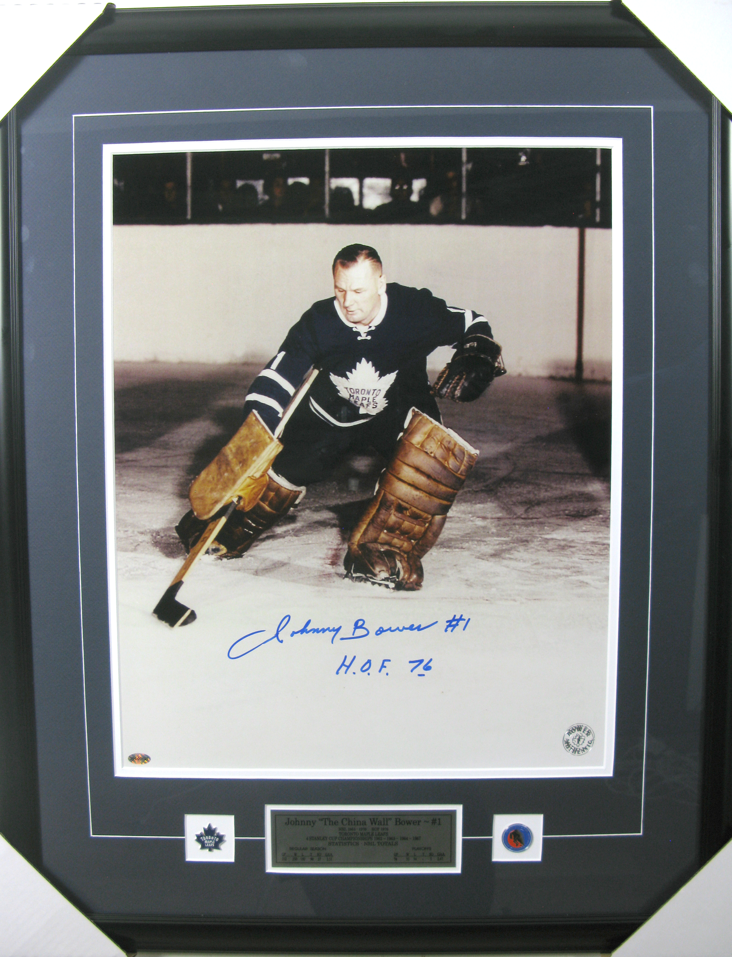 Johnny Bower Autographed Framed Photo – Toronto Maple Leafs “The China Wall” HOF ’76 Inscription