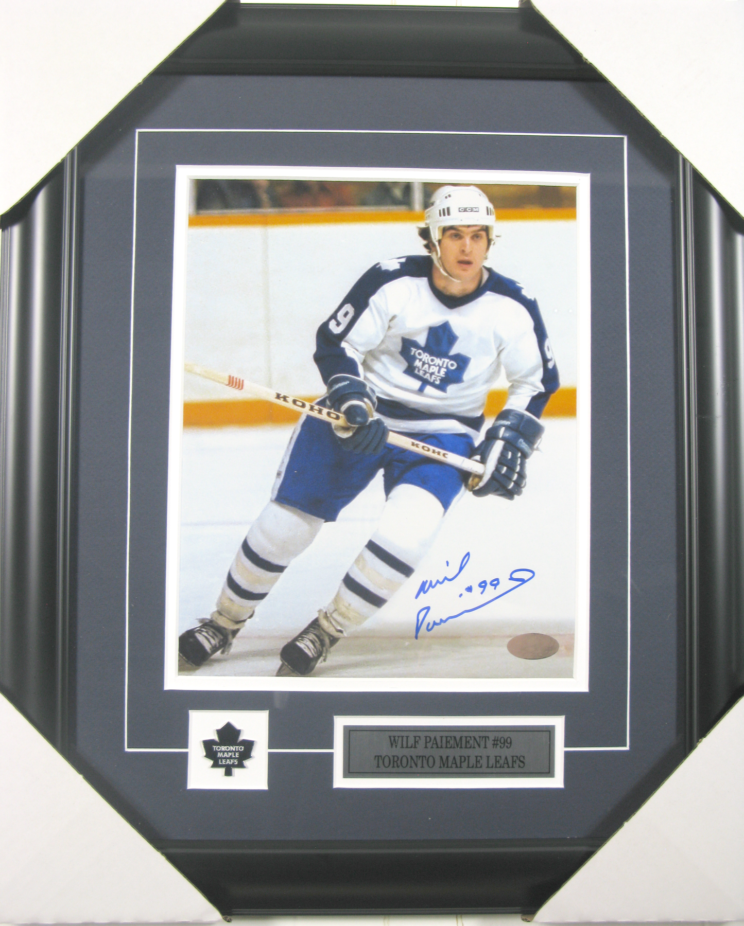 Wilf Paiement Autographed Framed Photo – Toronto Maple Leafs #99 (Signed in Blue Ink)