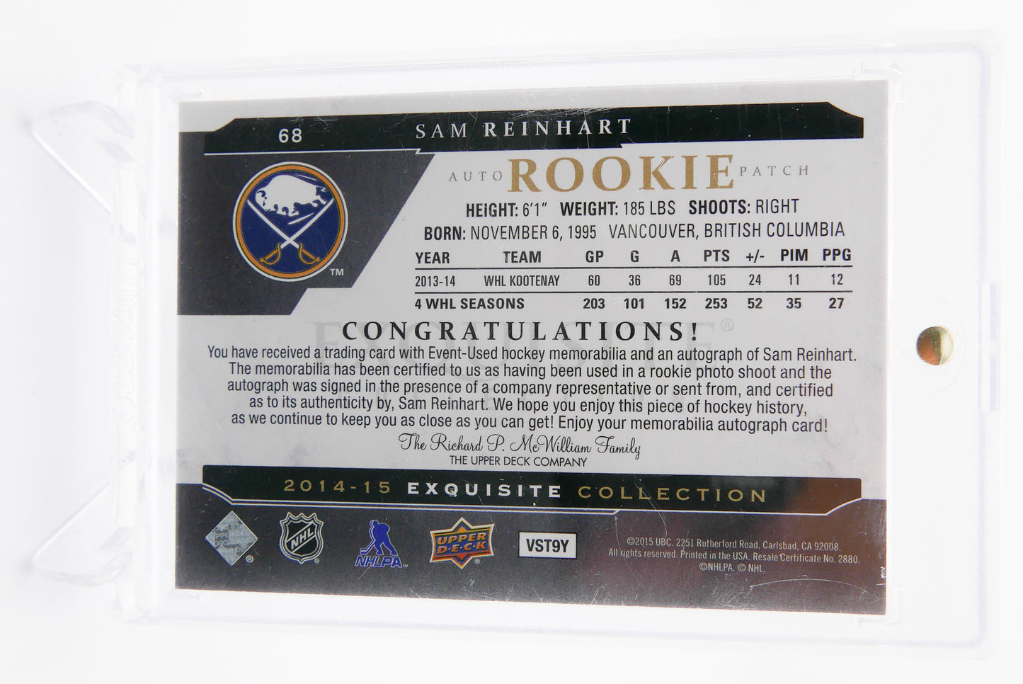 2014-15 Exquisite Sam Reinhart ROOKIE Patch Auto 04/23 Sabres