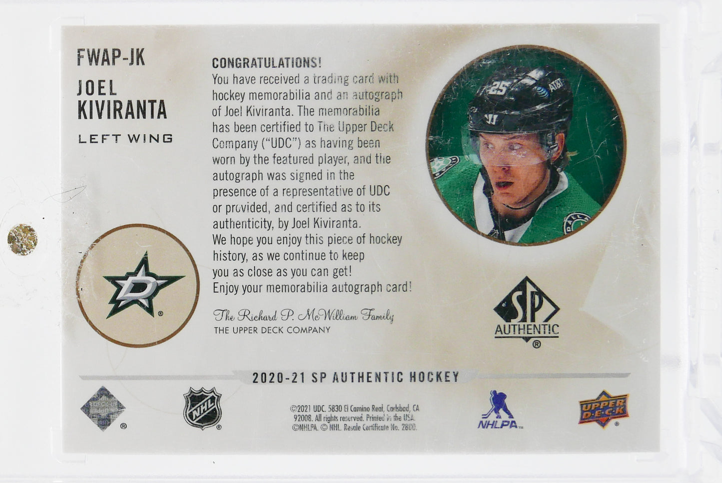 2020-21 SP Authentic Future Watch Auto Patch /100 Joel Kiviranta RC RPA Stars