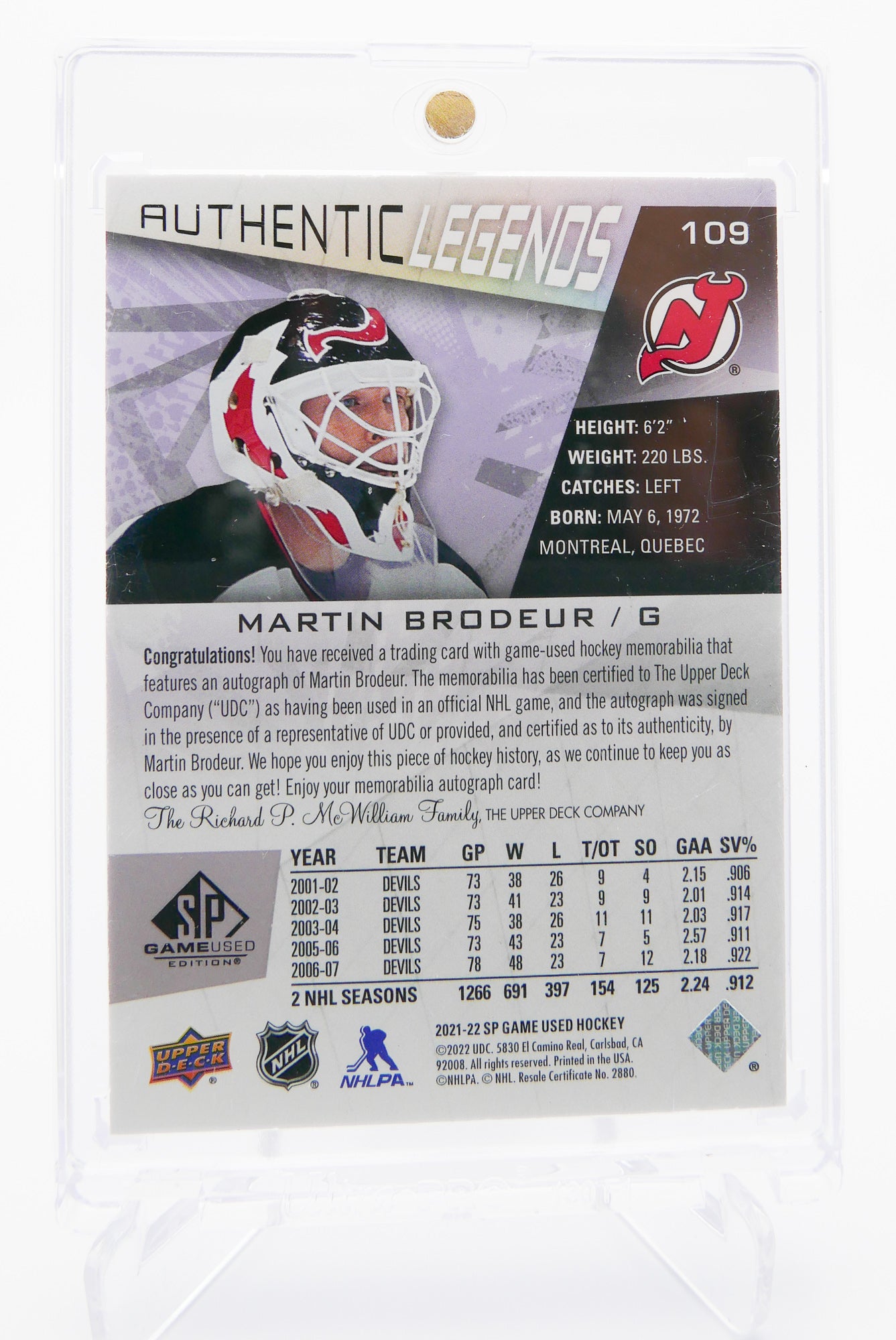 2021-22 SP Game Used Martin Brodeur Auto Patch 04/10 Devils HOF Authentic Legends