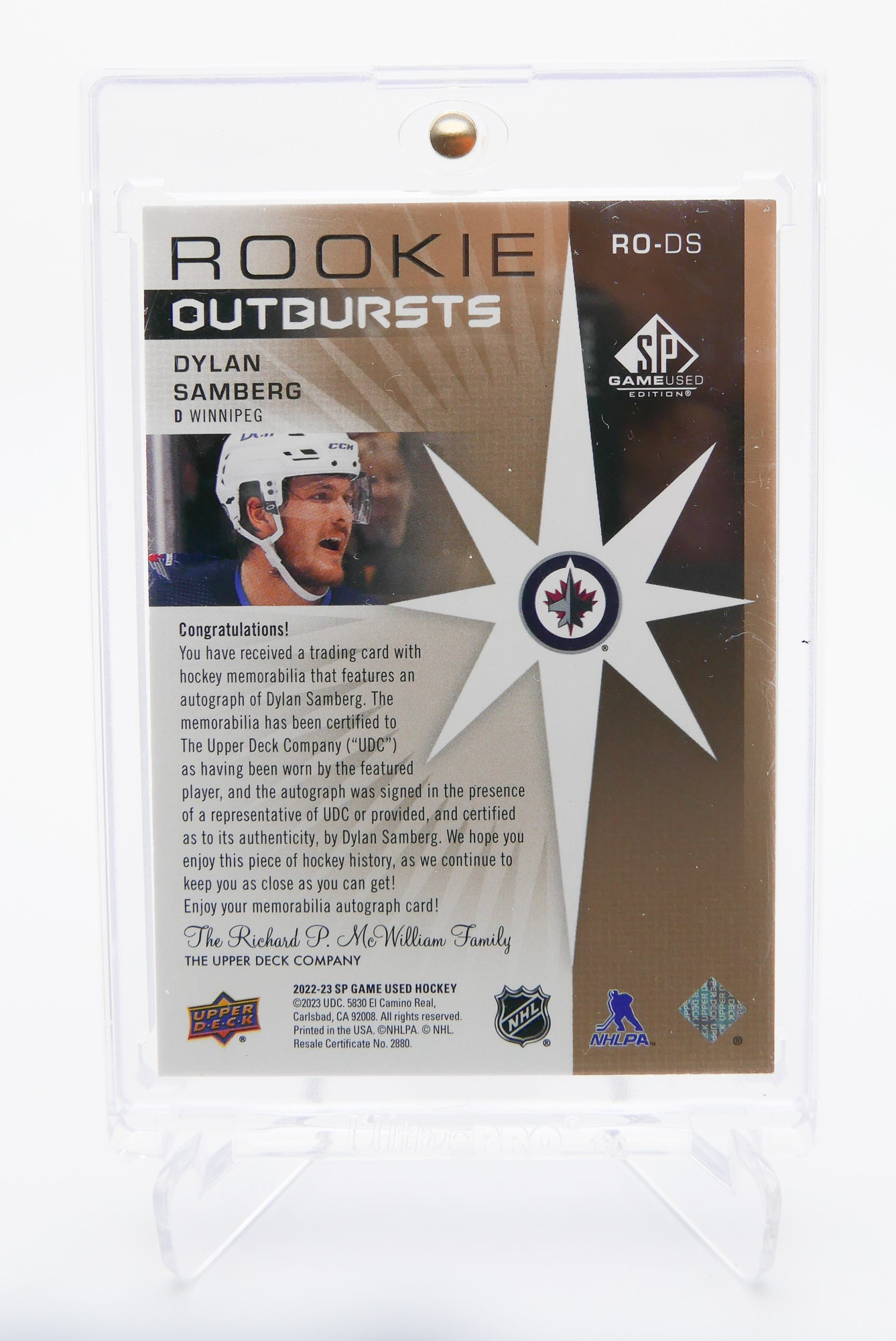 2022-23 SP Game Used Dylan Samberg Rookie Outbursts Jersey Auto - Winnipeg Jets