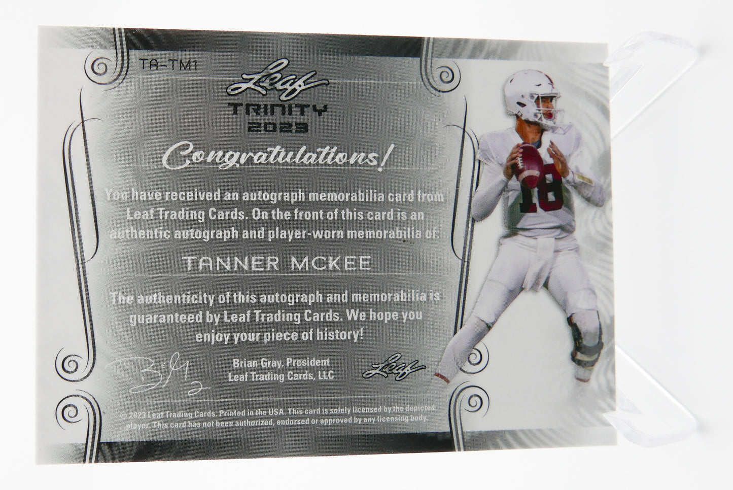 2023 Leaf Trinity Tanner McKee Auto Triple Patch 5/10 RC Rookie Autograph Eagles QB
