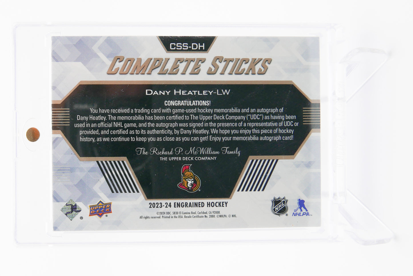 2023-24 Engrained Hockey Dany Heatley Complete Sticks Auto /25 Senators
