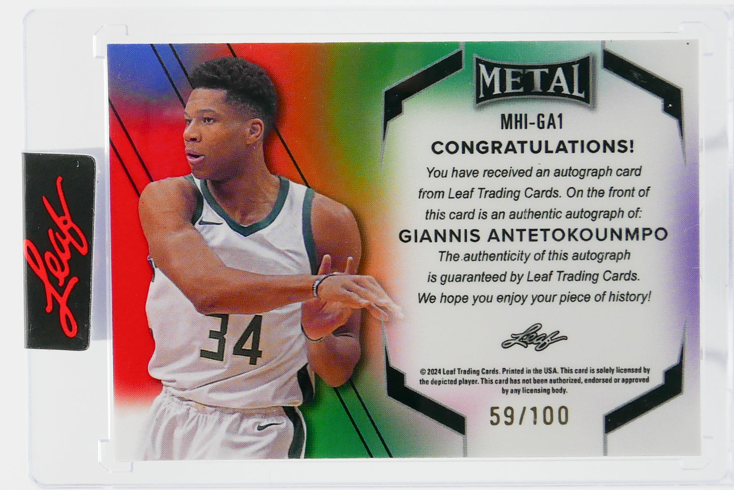 2024 Leaf Metal Giannis Antetokounmpo Auto 59/100 “Greek Freak” Inscription Bucks MVP