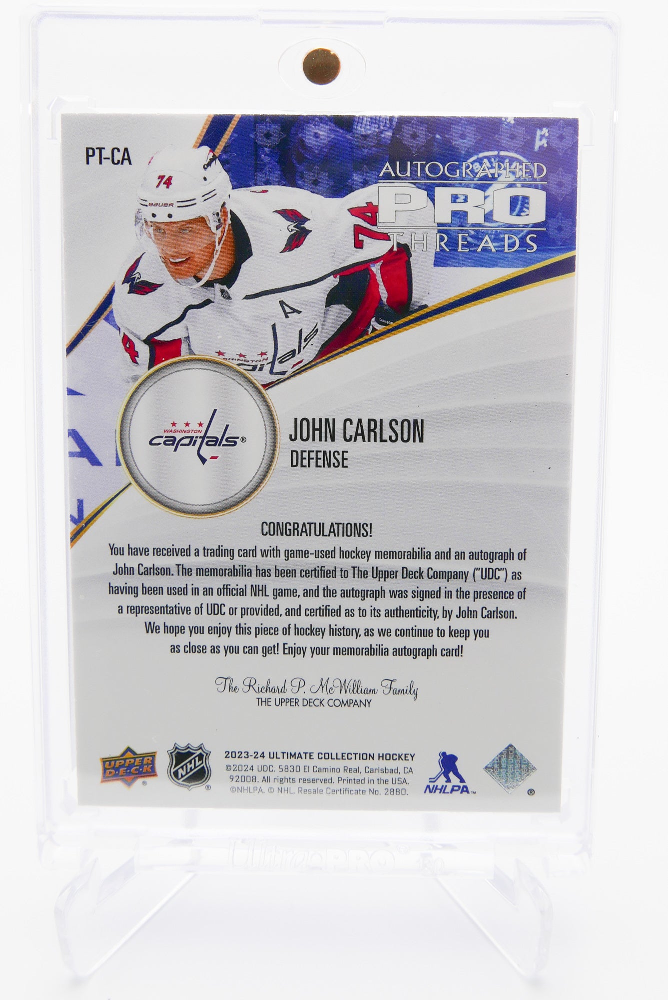 2023-24 Upper Deck Ultimate Collection Hockey John Carlson Autographed Pro Threads Patch Auto 25/49