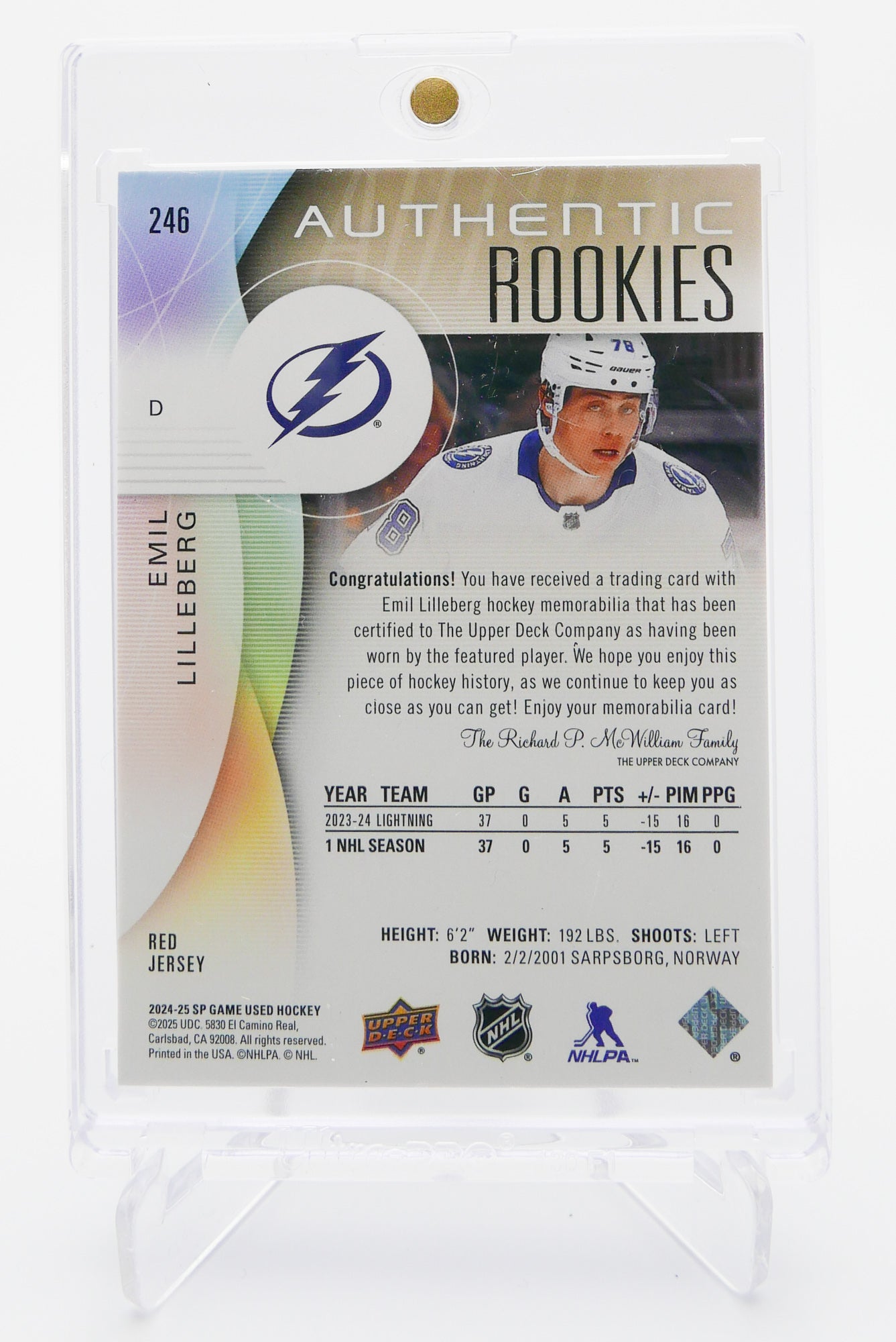 2024-25 SP Game Used Emil Lilleberg Jersey RC – Authentic Rookies – Lightning #246 – Blue Swatch