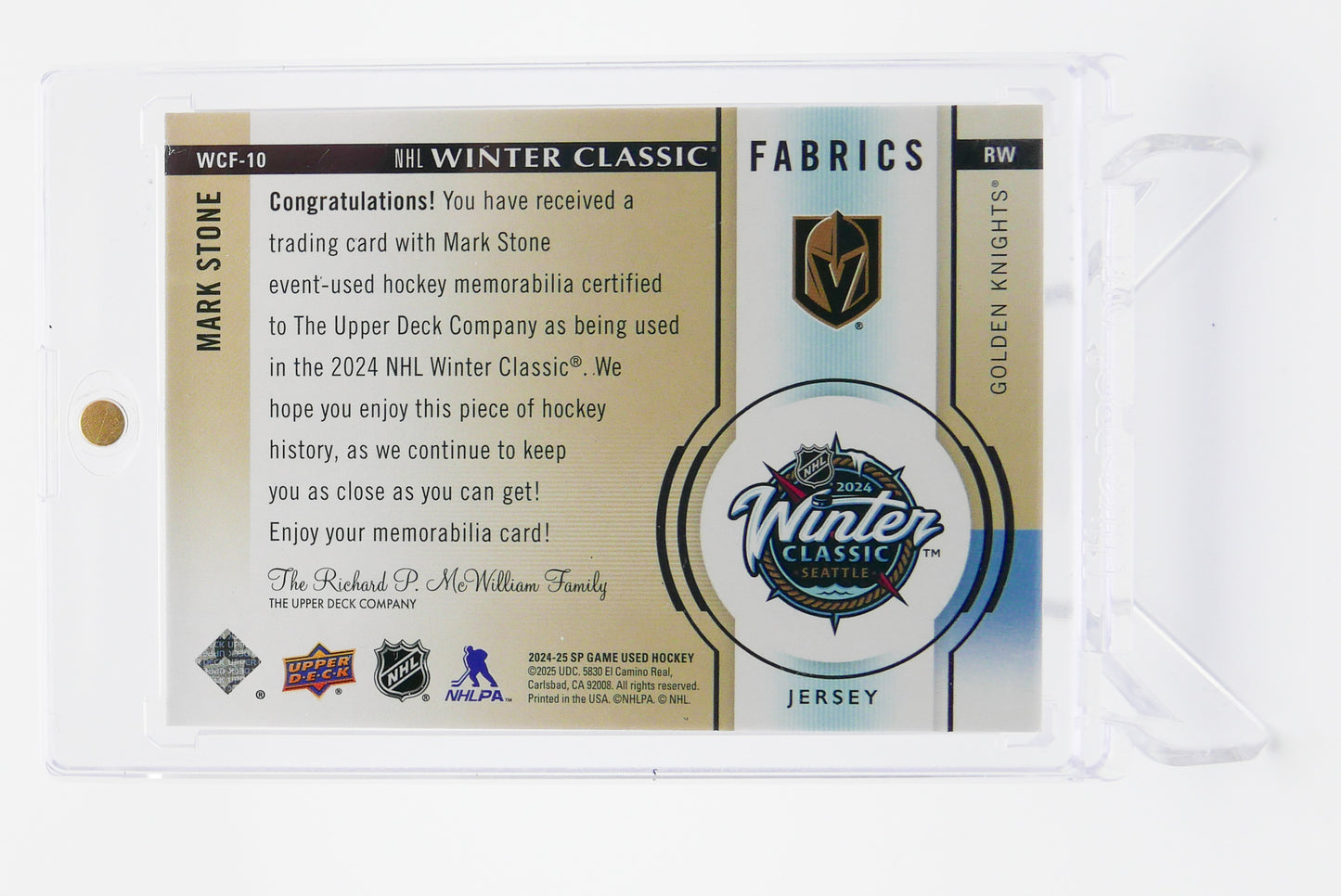 2024-25 SP Game Used Mark Stone Winter Classic Fabrics Jersey – Golden Knights – WCF-10