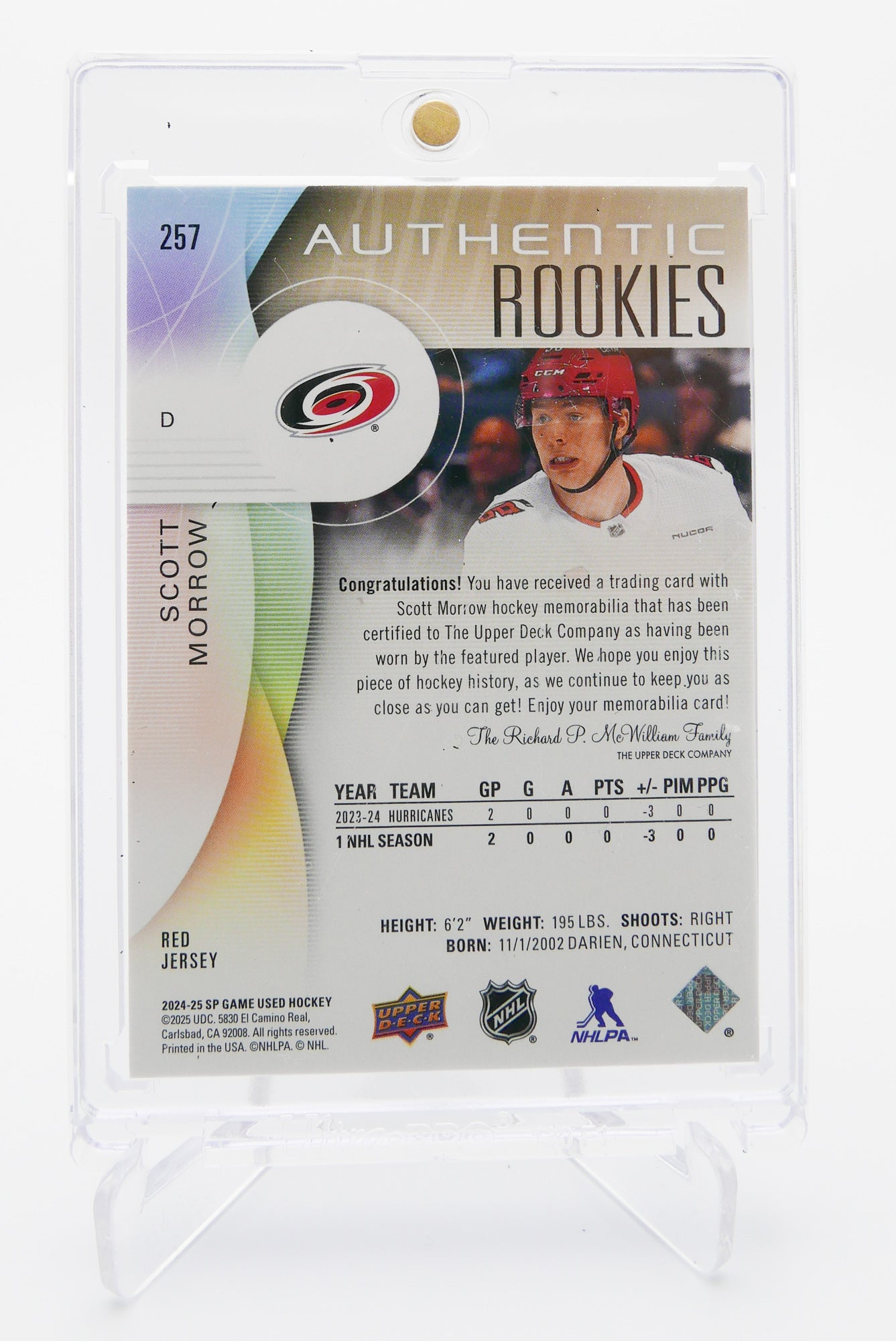 2024-25 SP Game Used Scott Morrow Authentic Rookies Red Jersey Relic – Hurricanes