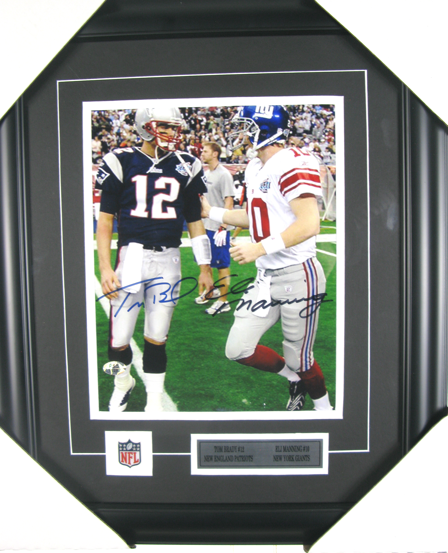 Tom Brady & Eli Manning Dual Autographed 8x10 – Patriots vs Giants – Framed Display