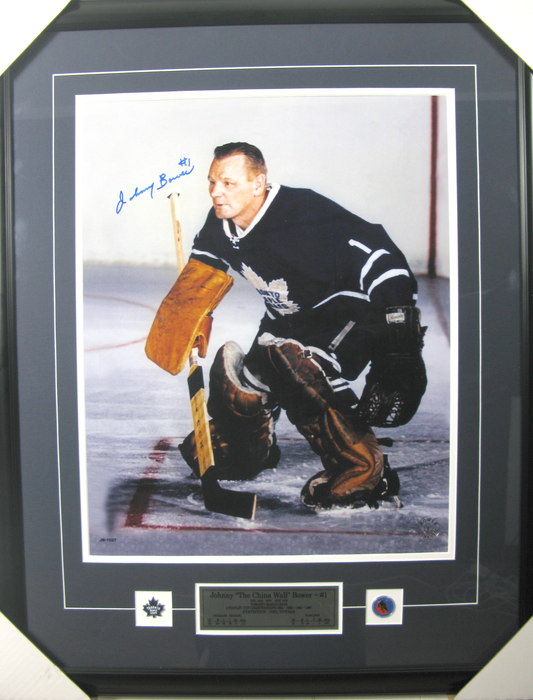Johnny Bower Autographed Framed Photo – Toronto Maple Leafs “The China Wall” Vintage Goalie Pose