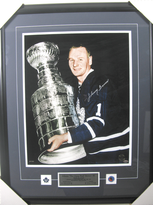Johnny Bower Autographed Framed Photo – Toronto Maple Leafs “The China Wall” with Stanley Cup