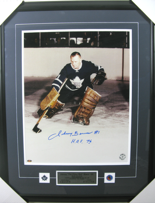 Johnny Bower Autographed Framed Photo – Toronto Maple Leafs “The China Wall” HOF ’76 Inscription