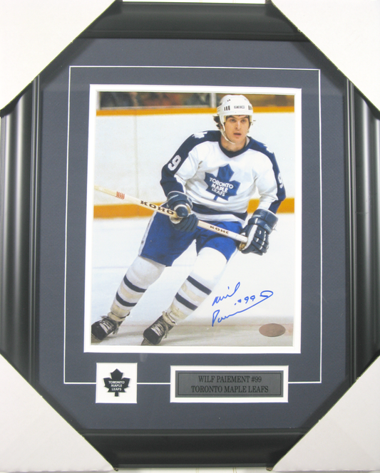 Wilf Paiement Autographed Framed Photo – Toronto Maple Leafs #99 (Signed in Blue Ink)