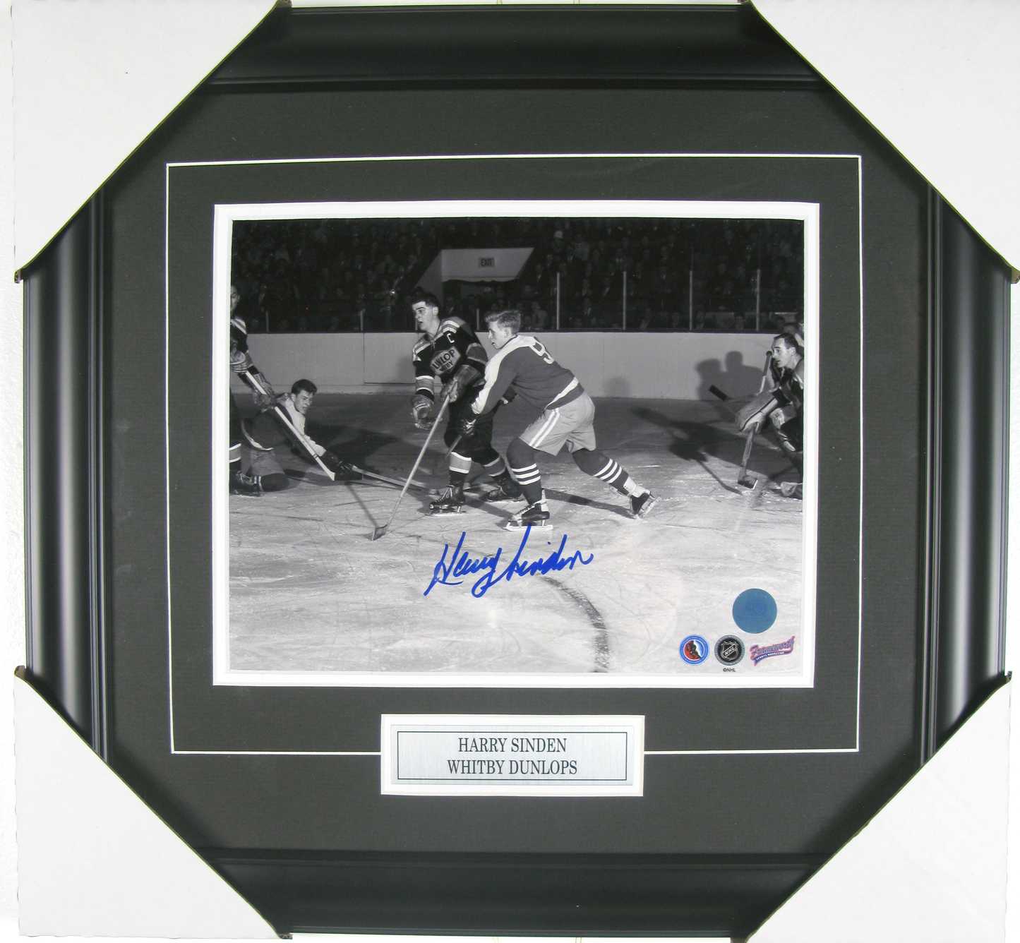 Harry Sinden Autographed 8x10 Framed Photo – Whitby Dunlops (Vintage Action Shot)