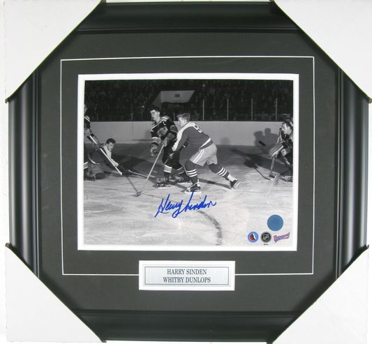 Harry Sinden Autographed 8x10 Framed Photo – Whitby Dunlops (Vintage Action Shot)