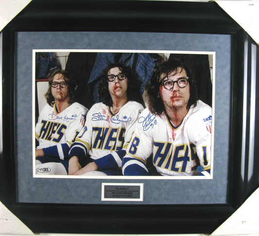 SlapShot Hanson Brothers Triple Signed Framed Photo – Dave Hanson, Steve Carlson, Jeff Carlson – Movie Memorabilia